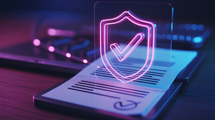 Digital security shield with a checkmark overlaying a document and blurred technology background in neon lighting