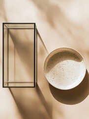 Empty glass box and speckled plate on a beige surface, sunlit