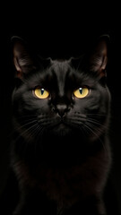 Obraz premium Retrato de un gato negro con mirada intensa y penetrante, sobre fondo oscuro que realza su misterio