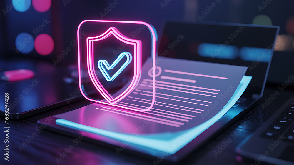 Poster digital security and data protection concept with glowing neon shield and document on laptop