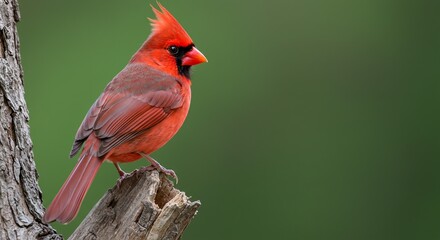 A Cardinal perches on a weathered tree branch, showcasing its bright red plumage.