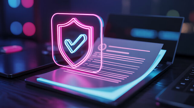 Digital security and data protection concept with glowing neon shield and document on laptop