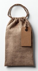 Beige canvas drawstring bag with brown tag