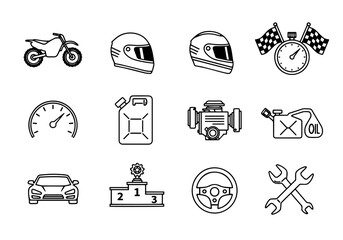 Motorsports Vector Icon Set | Adjustable Line Weight | Racing, Car, Motorcycle, Helmet, Speed, Trophy, Tools, Fuel Icons