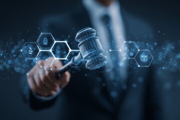 Businessman holds digital gavel, surrounded by legal symbols