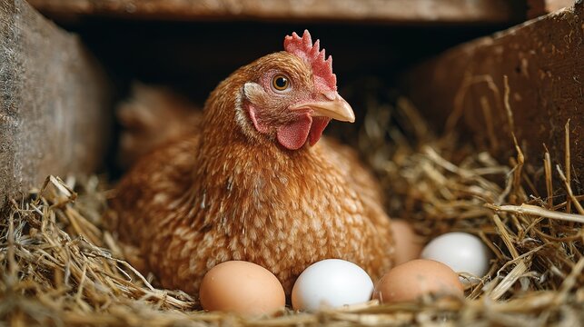 Brown Hen Nesting on Eggs in Hay Inside a Cozy Chicken Coop