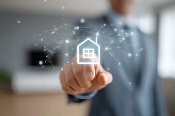Businessman touches a digital house icon