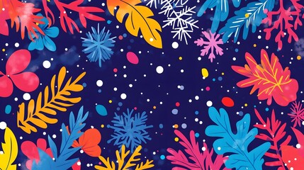 Obraz premium A vibrant pattern of stylized leaves and snowflakes.