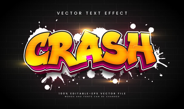 Editable crash graffiti text effect, vibrant colors, brick wall background. Perfect for design projects.