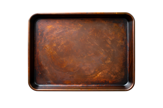 Heavily Seasoned Rectangular Metal Baking Sheet with Rusted Brown Patina