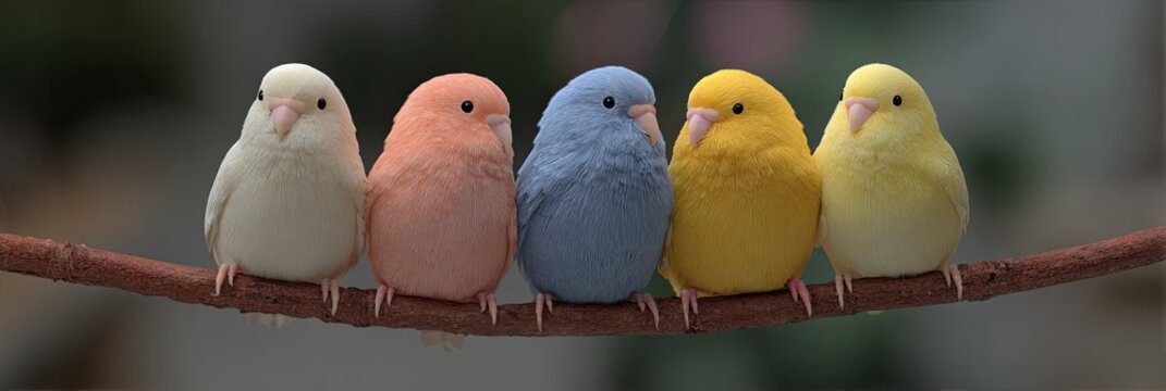 Five pastel-colored birds perched on a branch