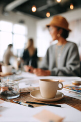 A coworking space filled with warm morning light and gentle chatter A freelancer stirs their coffee while showing a design draft to a peer