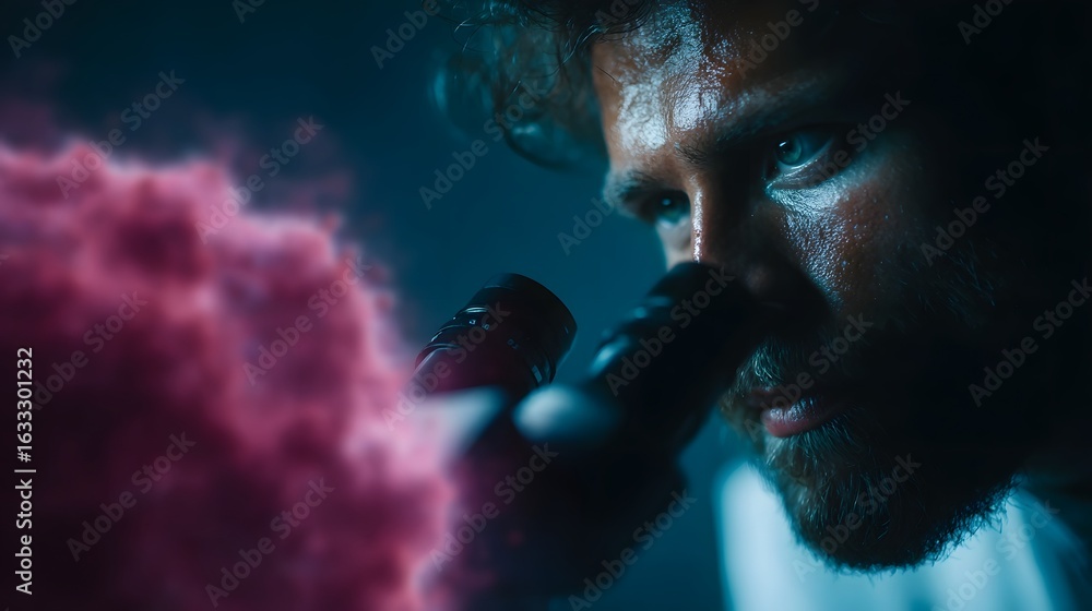 Poster scientist examining a virus mutation under an electron microscope