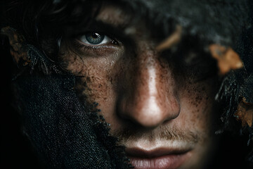 Panicked gaze of a Caucasian male in tattered cloak, soul-searching amidst Samhain whispers and Dia de los Muertos spirits