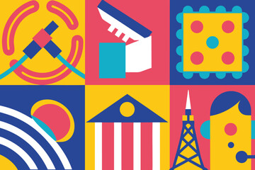 Colorful geometric icons representing various objects and concepts set of vector
