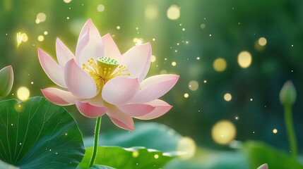 Beautiful pink lotus flower blooming in nature, glowing sunlight, green leaf background, spiritual and peaceful scene, meditation, serenity, macro photography, zen and harmony atmosphere