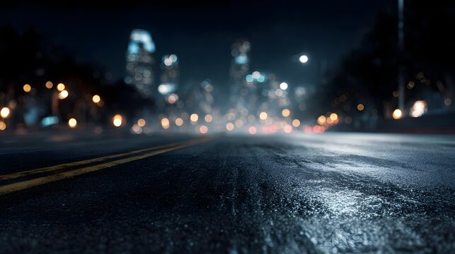 Fototapeta Empty city street at night with eerie glow of lights