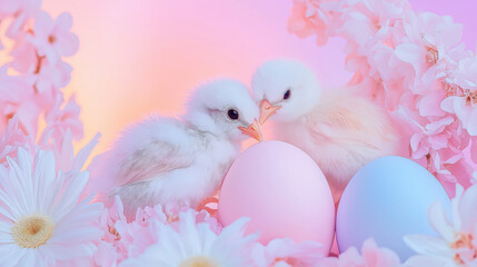 Adorable baby chicks with pastel pink and blue eggs, surrounded by flowers, soft dreamy background, cute spring or Easter concept, innocence and joy, delicate floral celebration, children’s design

