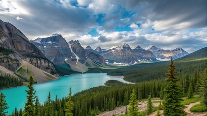 Majestic turquoise lake nestled between rugged mountains and lush green forest