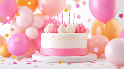 Pastel birthday cake with pink and white frosting, candles, and colorful balloons in the background, joyful party celebration, festive sweets, cute dessert, children’s party, happy moment