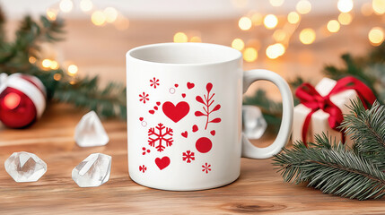 
Christmas mug with red holiday design, snowflake, heart, and leaf icon on wooden table, festive background with gift, bauble, pine, and warm lights, cozy winter coffee or tea scene, holiday decor