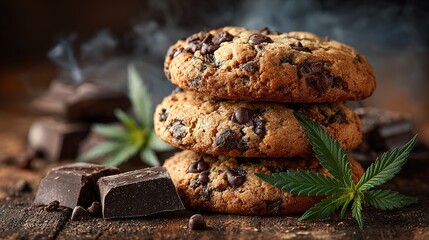 Fototapeta premium Delicious Stack of Cannabis Cookies with Chocolate Chips, Tempting Treats for Food Lovers