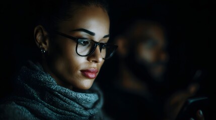 Woman intently analyzing data on digital devices in a dark environment