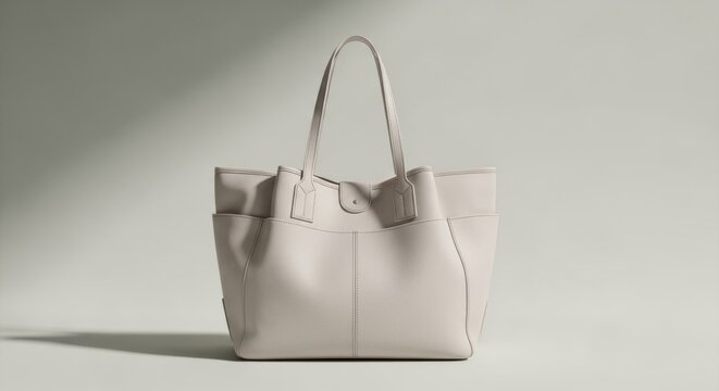 Elegant Light Taupe Leather Tote Bag with Pockets in Soft Studio Light