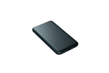 Sleek dark grey portable power bank with rounded edges and visible charging ports angled on a black background.