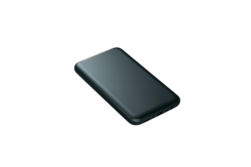Sleek dark grey portable power bank with rounded edges and visible charging ports angled on a black background.
