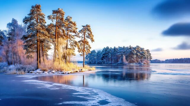 frosty snow-covered forest and frozen lake scene