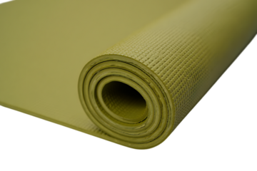 Rolled Up Olive Green Yoga Mat with Detailed Textured Surface, Isolated on Black
