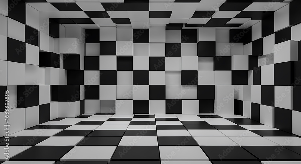 Poster empty room with three-dimensional architecture of back and white squares of wall