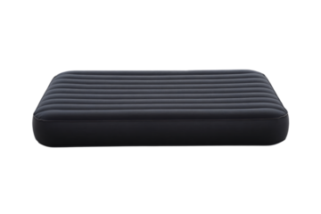 Dark grey inflatable air mattress with horizontal ribbed surface design, presented against a solid black background.