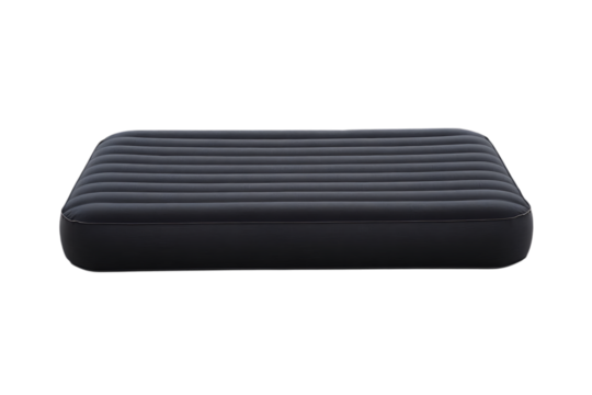 Dark grey inflatable air mattress with horizontal ribbed surface design, presented against a solid black background.