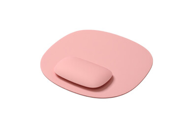 Soft pastel pink ergonomic computer mouse resting on a matching rounded mouse pad, isolated on a black background.