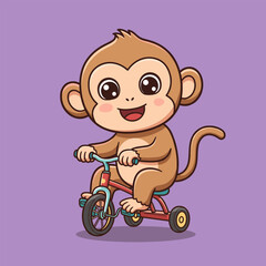 Cheerful cartoon monkey riding a colorful tricycle on a purple background.