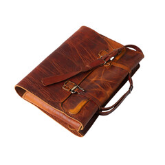 Vintage distressed brown leather satchel with multiple straps and brass buckles, exuding a rugged yet classic style.