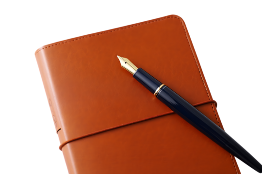 Elegant Blue Fountain Pen with Gold Nib Resting on a Warm Brown Leather Journal