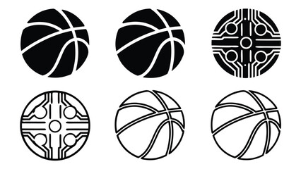 Obraz premium Six Stylish Black and White Basketball Icons: Solid, Outline, and Circuit Board Designs for Sport and Tech Branding.