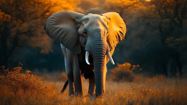 Majestic Elephant Walking at Sunset in the African Savannah with Vibrant Sky