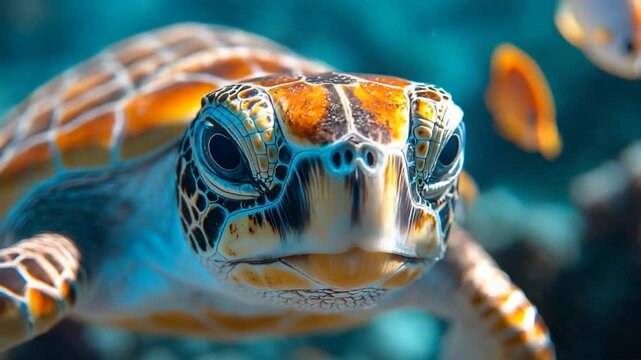 A close-up of a captivating sea turtle, displaying an intricate pattern on its shell. The turtle is a majestic creature and lives in deep ocean