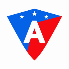Patriotic Shield Logo Featuring White "A" Letter, Stars, and Color Blocks