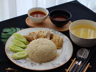 Khao Man Gai — Thai-style Hainanese chicken rice featuring tender boiled chicken served with aromatic chicken oil rice, rich soy-based dipping sauce, and fresh cucumber slices. A beloved Thai comfort 