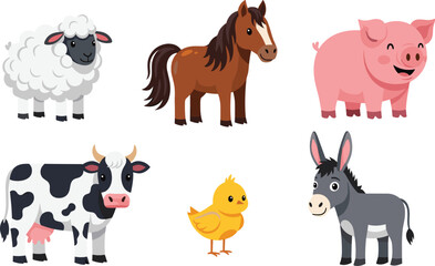 Obraz premium Farm Animals Collection: Sheep, Horse, Pig, Cow, Chick, Donkey