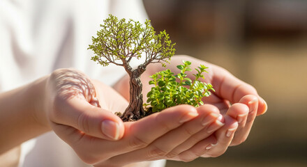 Close-up of a hand holding a small tree, symbolizing preserving nature, life, and protecting the environment