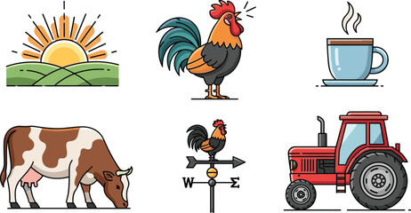Farm Icons: Sunrise, Rooster, Cow, Tractor, Coffee, and Weather Vane