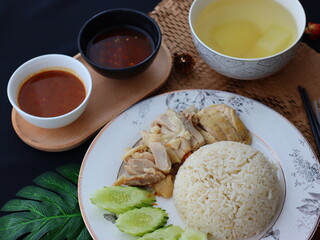 Khao Man Gai — Thai-style Hainanese chicken rice featuring tender boiled chicken served with aromatic chicken oil rice, rich soy-based dipping sauce, and fresh cucumber slices. A beloved Thai comfort 