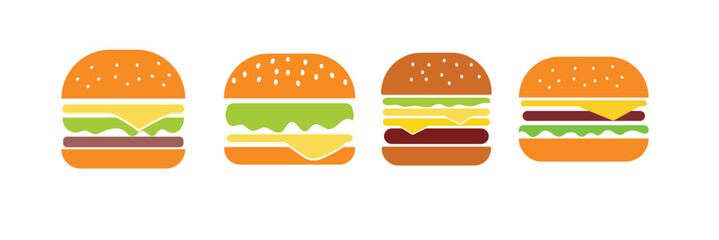 Burger icon vector set | fast food symbol collection with cheeseburger and hamburger silhouette illustrations