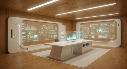 Futuristic digital control room with interactive display panels and advanced interface showcasing